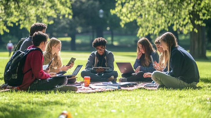Students relaxing and studying on the grass